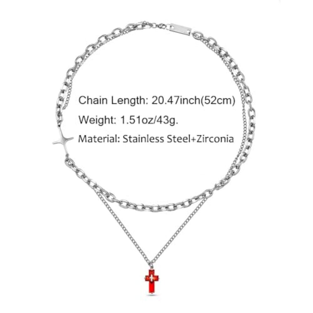 Gothic Cross Necklace Stainless Steel Y2K Layered Paper Clip Chain Pendant - Picture 7 of 8